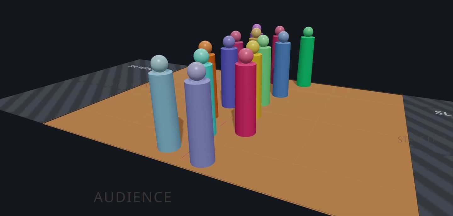 A Stageflow stage in 3D with dancers in formation
