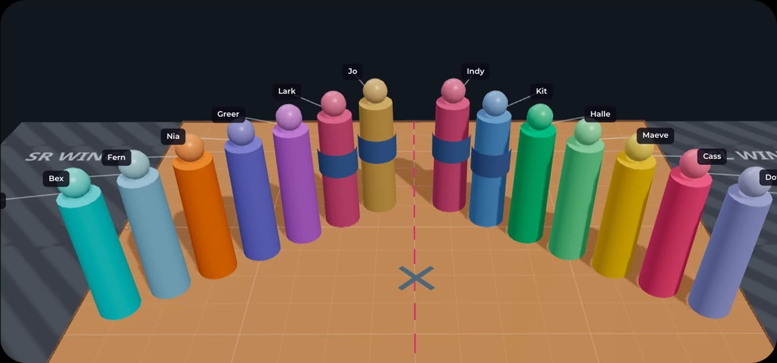 A Stageflow stage in 3D with a large cast colour-coded into groups